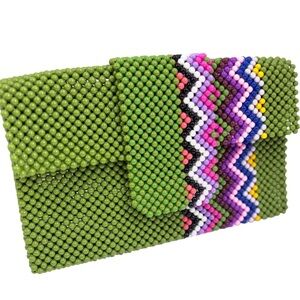 Ghanaian Hand-Beaded Green/Rainbow Chevron Zigzag Magnetic Clutch Handbag